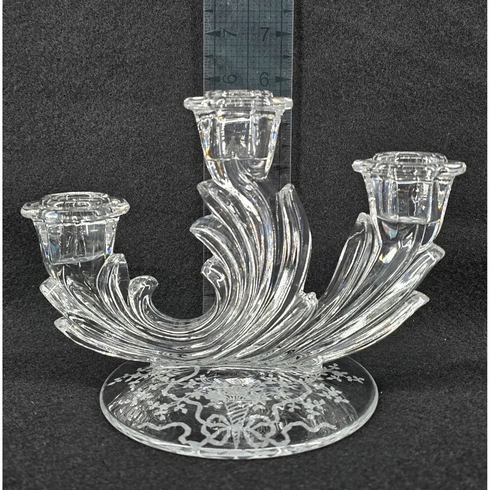 Vintage Fostoria Crystal Baroque Candlestick Holder 3‎ Light w/ Arcady Etch 30s